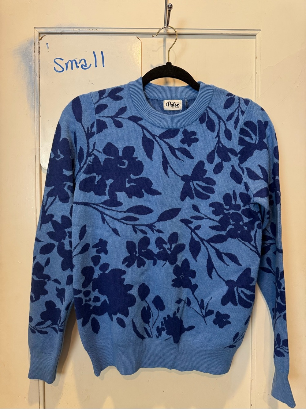 Pilcro Floral Crewneck Sweater in Light Blue and Navy